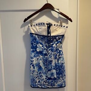NWT Maeve Anthropologie Floral Blue and White Strapless Mini Dress